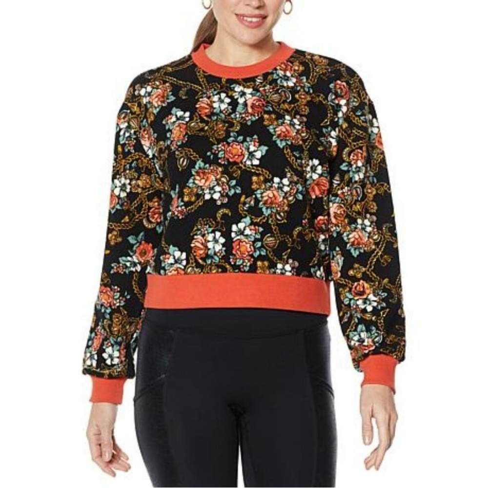 LAILA ALI Floral Pattern Crop Style Top, Women’s LP, Orange Multicolor